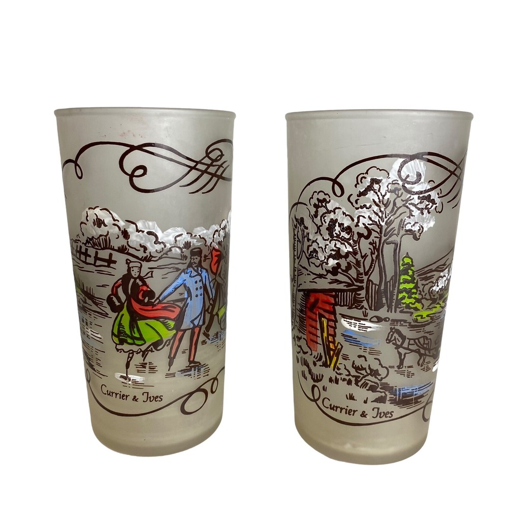 VTG Currier Ives Frosted Glasses Hazel Atlas 60s Winter Scenes Set Lot of 2